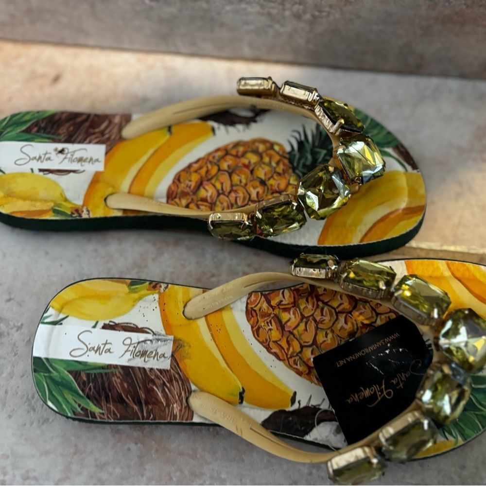 Santa Filomena new green stone crystal sandals flip flops Slides pineapple gems